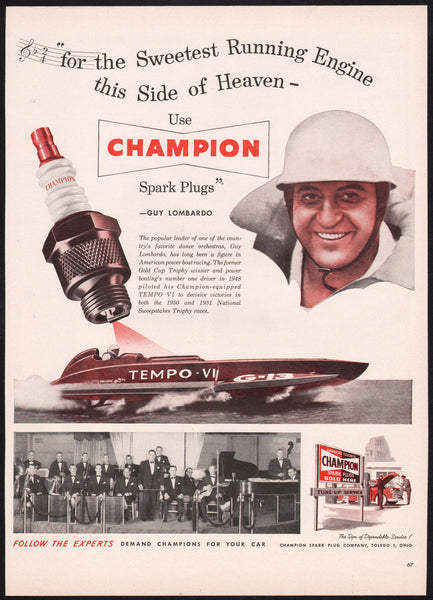 Vintage magazine ad CHAMPION SPARK PLUGS 1952 picturing Guy Lombardo boating