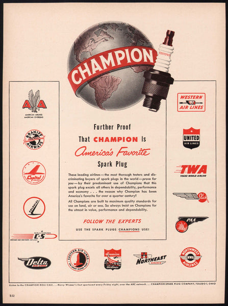 Vintage magazine ad CHAMPION SPARK PLUGS 1949 featuring 15 airlines TWA Delta AA