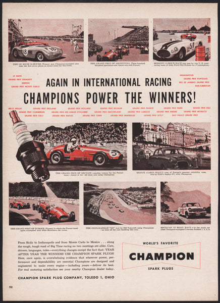 Vintage magazine ad CHAMPION SPARK PLUGS 1954 Grand Prix Le Mans Sebring races