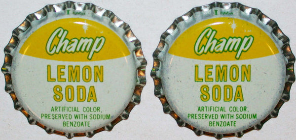 Soda pop bottle caps CHAMP LEMON SODA Lot of 2 cork lined unused new old stock