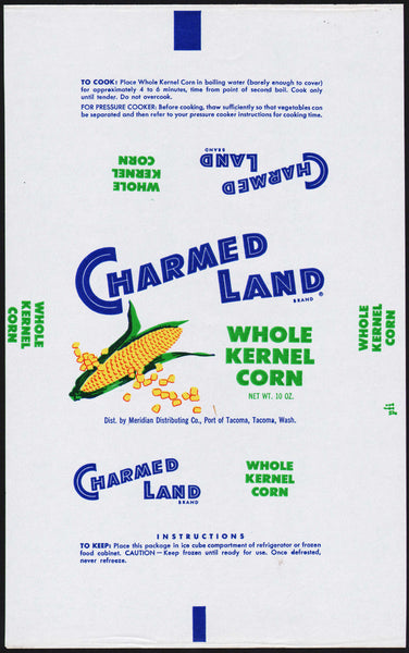 Vintage wrapper CHARMED LAND WHOLE KERNEL CORN Tacoma Washington unused n-mint