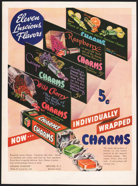 Vintage magazine ad CHARMS candy Newark NJ from 1937 picturing the candies