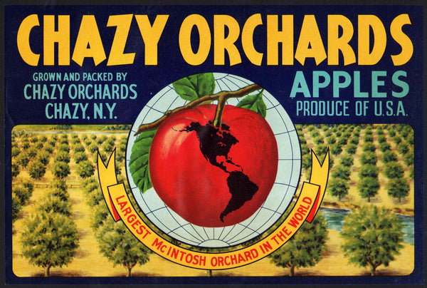 Vintage label CHAZY ORCHARDS APPLES trees pictured Chazy New York unused n-mint+