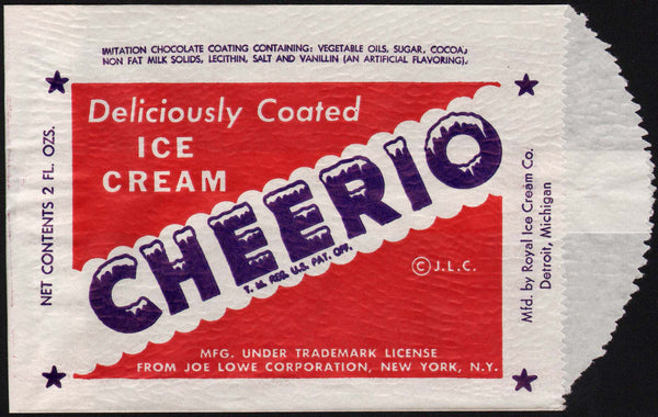 Vintage bag CHEERIO Joe Lowe New York Royal Ice Cream Detroit Michigan unused
