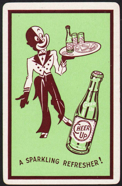 Vintage playing card CHEER UP soda pop bottle black waiter picture maroon border