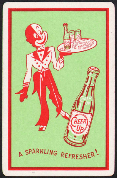 Vintage playing card CHEER UP soda pop bottle black waiter pictured red border