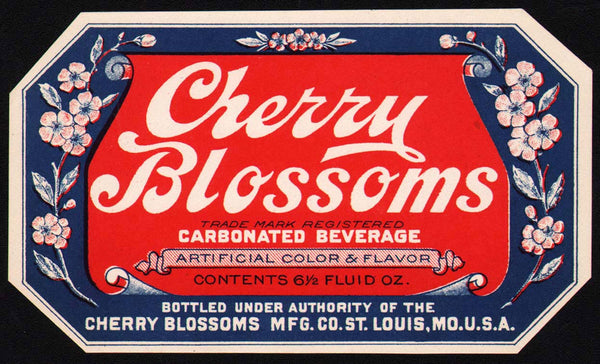Vintage soda pop bottle label CHERRY BLOSSOMS 6 1/2oz St Louis MO new old stock
