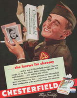 Vintage magazine ad CHESTERFIELD cigarettes from 1944 soldier holding carton
