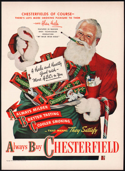 Vintage magazine ad CHESTERFIELD CIGARETTES 1947 with Alan Hale as Santa Claus