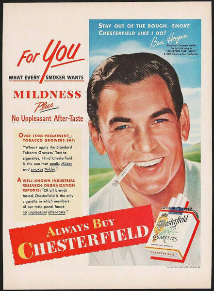 Vintage magazine ad ABC CHESTERFIELD from 1951 golfer Ben Hogan Follow the Sun
