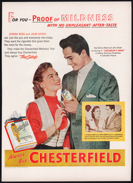 Vintage magazine ad CHESTERFIELD CIGARETTES from 1951 Donna Reed and John Derek