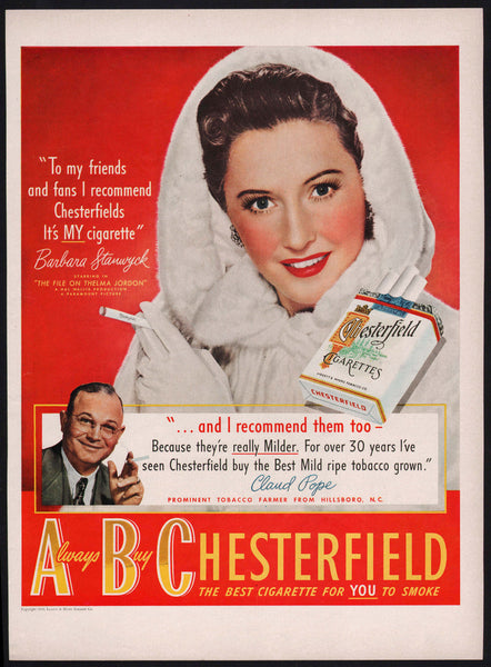 Vintage magazine ad ABC CHESTERFIELD CIGARETTES from 1949 Barbara Stanwyck pictured