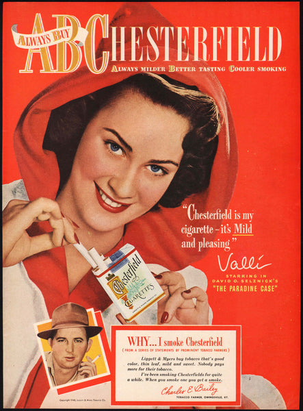 Vintage magazine ad CHESTERFIELD CIGARETTES 1948 Alida Valli The Paradine Case