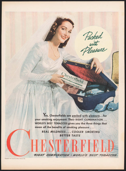 Vintage magazine ad CHESTERFIELD cigarettes from 1945 bride packing suitcase pictured