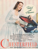 Vintage magazine ad CHESTERFIELD cigarettes from 1945 bride packing suitcase pictured