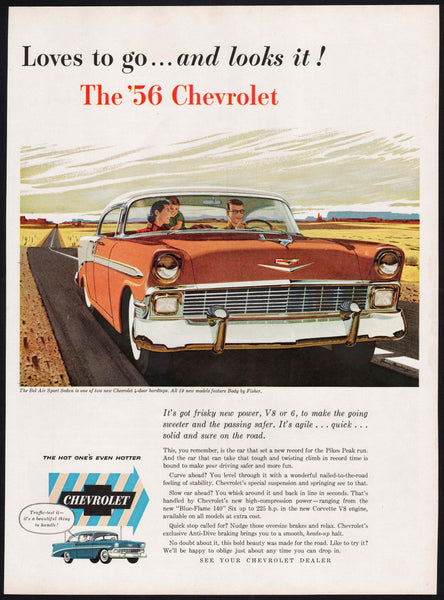 Vintage magazine ad CHEVROLET from 1956 picturing a 2 color Bel Air Sport Sedan
