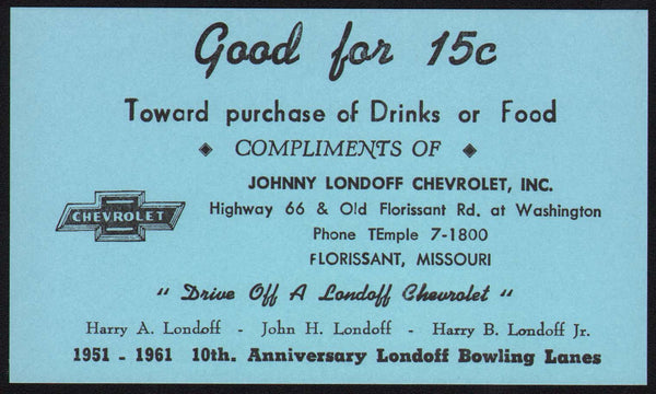 Vintage coupon JOHNNY LONDOFF CHEVROLET Route 66 Florissant Missouri n-mint+