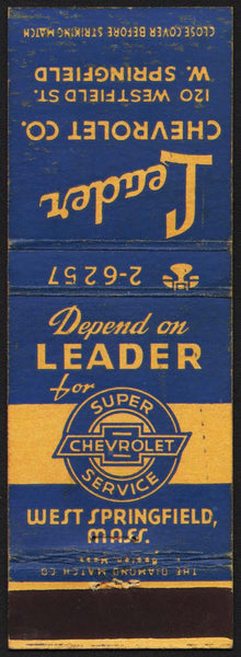 Vintage matchbook cover CHEVROLET SUPER SERVICE Leader Co West Springfield Mass