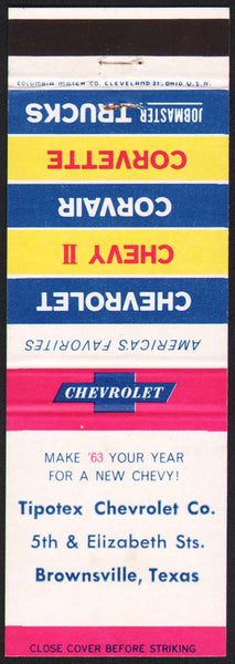 Vintage matchbook cover TIPOTEX CHEVROLET CO Corvair Corvette Brownsville Texas