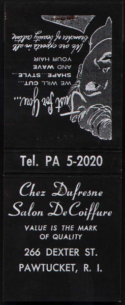 Vintage full matchbook CHEZ DUFRESNE SALON woman pictured black Pawtucket RI