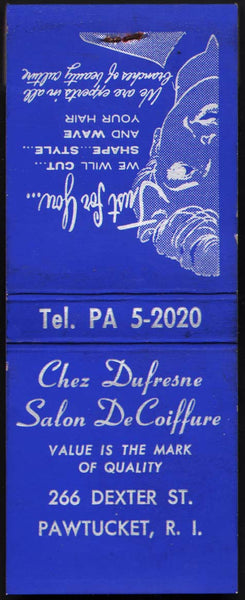 Vintage full matchbook CHEZ DUFRESNE SALON woman pictured blue Pawtucket RI
