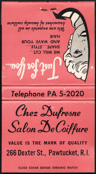 Vintage full matchbook CHEZ DUFRESNE SALON woman pictured pink Pawtucket RI