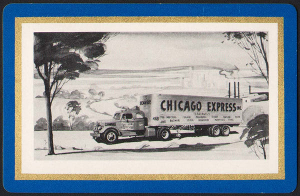 Vintage playing card CHICAGO EXPRESS blue border picturing their Terminals truck