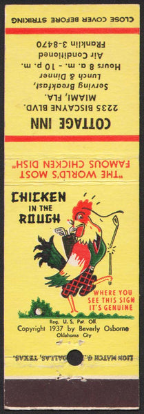 Vintage matchbook cover CHICKEN IN THE ROUGH with picture Cottage Inn Miami Florida