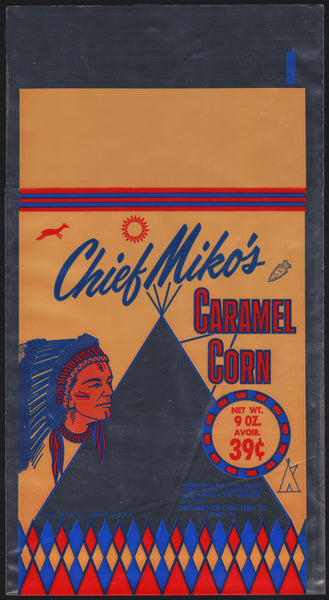 Vintage bag CHIEF MIKOS Carmel Corn inidan arrowhead 9oz Sharon PA unused n-mint