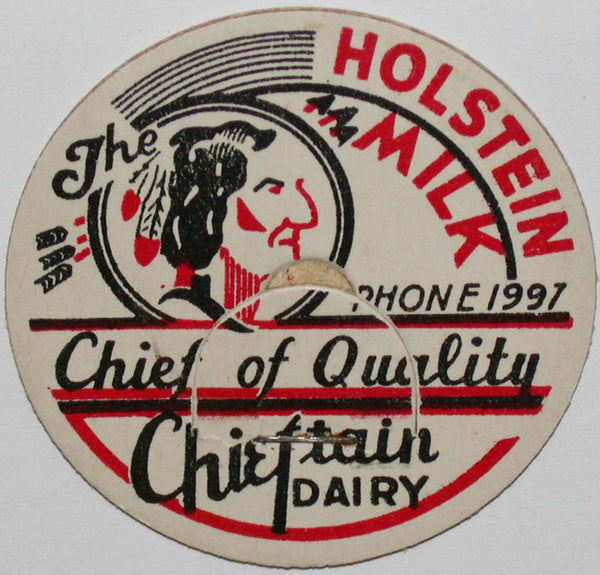 Vintage milk bottle cap CHIEFTAIN DAIRY Holstein indian pictured Council Bluffs Iowa