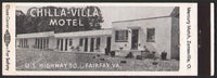 Vintage matchbook cover CHILLA VILLA MOTEL full length real photo Fairfax VA