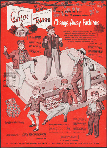 Vintage magazine ad CHIPS TWIGS Change Away Fashions from 1953 picturing boys