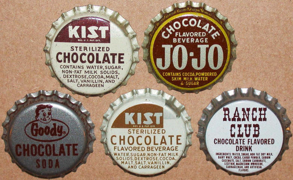 Vintage soda pop bottle caps CHOCOLATE FLAVORS Lot of 5 different new old stock