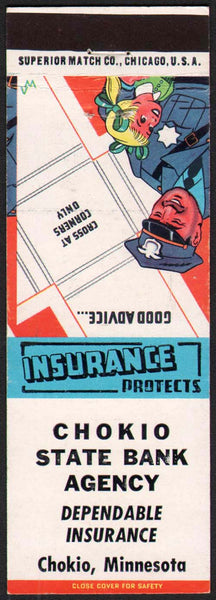 Vintage matchbook cover CHOKIO STATE BANK AGENCY policeman pictured Minnesota