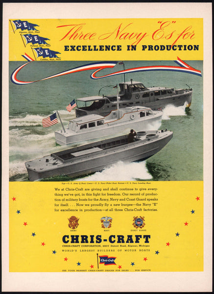 Vintage magazine ad CHRIS CRAFT MOTOR BOATS 1942 Three Navy Es for excellence