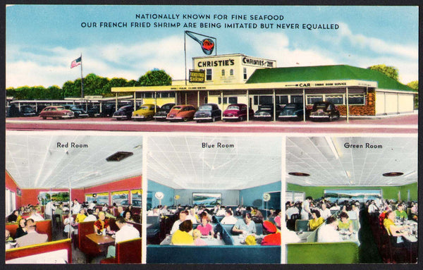 Vintage postcard CHRISTIES Fine Seafood Houston Texas with restaurant pictured