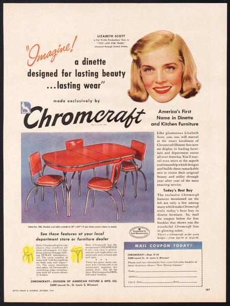 Vintage magazine ad CHROMCRAFT Dinette 1949 Lizabeth Scott in Too Late For Tears