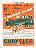 Vintage magazine ad CHRYSLER from 1927 picturing a green 52 Sedan automobile
