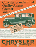 Vintage magazine ad CHRYSLER from 1927 picturing a green 52 Sedan automobile