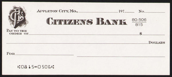 Vintage bank check CITIZENS BANK Appleton City Missouri new old stock n-mint+