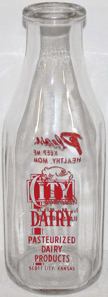 Vintage milk bottle CITY DAIRY child pictured Scott City Kansas TSPQ pyro quart