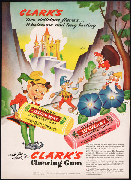 Vintage magazine ad CLARKS CHEWING GUM from 1943 elves pictured Ben Jorj Harris art