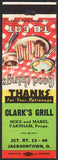 Vintage matchbook cover CLARKS GRILL Mike and Mabel Farnham Jacksontown Ohio