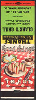 Vintage matchbook cover CLARKS GRILL Mike and Mabel Farnham Jacksontown Ohio