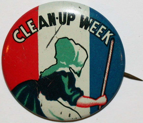 Vintage pinback pin CLEAN UP WEEK picturing the Old Dutch Cleanser washer woman