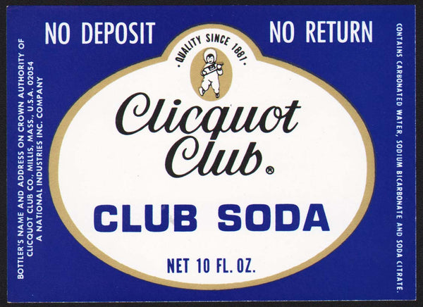 Vintage soda pop bottle label CLICQUOT CLUB CLUB SODA eskimo pictured Millis Mass