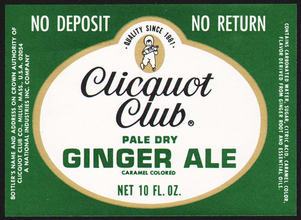 Vintage soda pop bottle label CLICQUOT CLUB GINGER ALE eskimo pictured Millis Mass