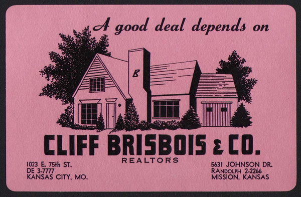 Vintage playing card CLIFF BRISBOIS Realtors pink background Kansas City Mission