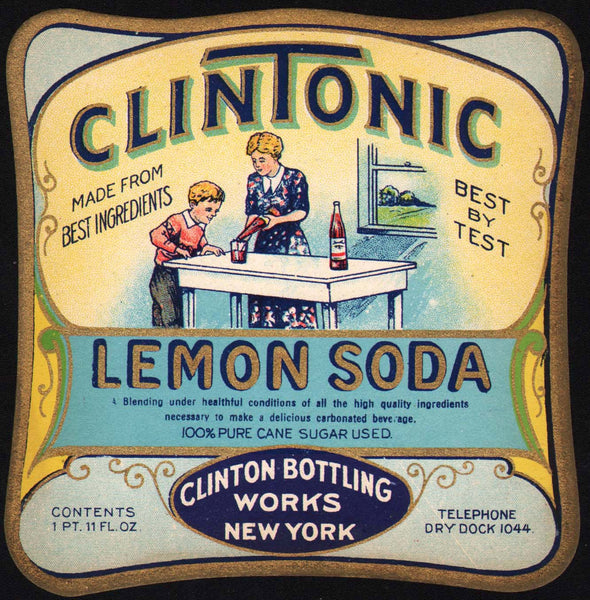 Vintage soda pop bottle label CLINTONIC LEMON mother and son New York n-mint