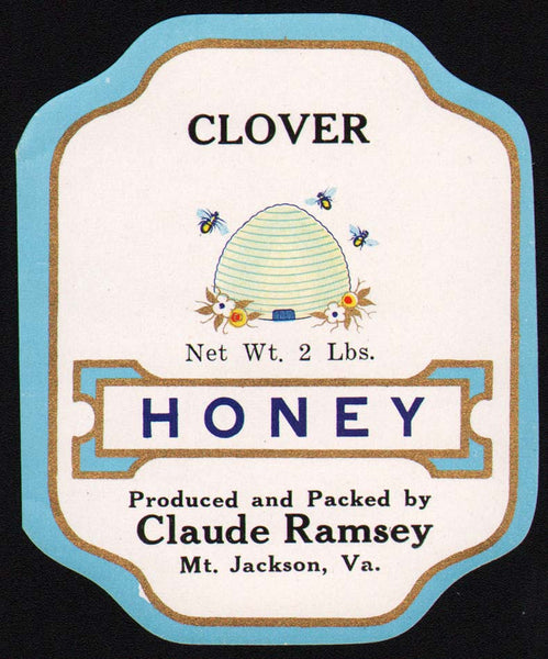 Vintage label CLOVER HONEY beehive and bees Claude Ramsey Mt Jackson Virginia